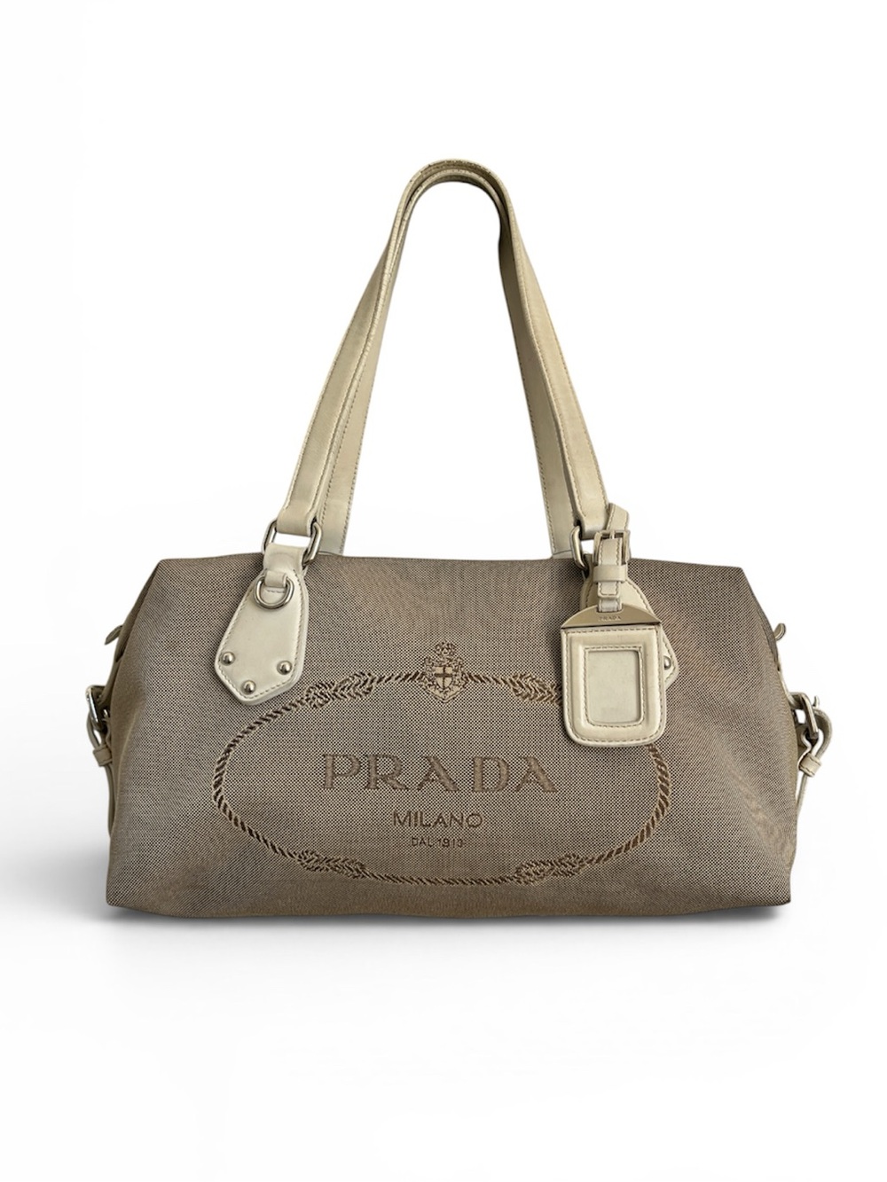 Authentic Vintage Vtg Prada Y2K Logo Jacquard Beige Canvas Leather Shoulder Bag